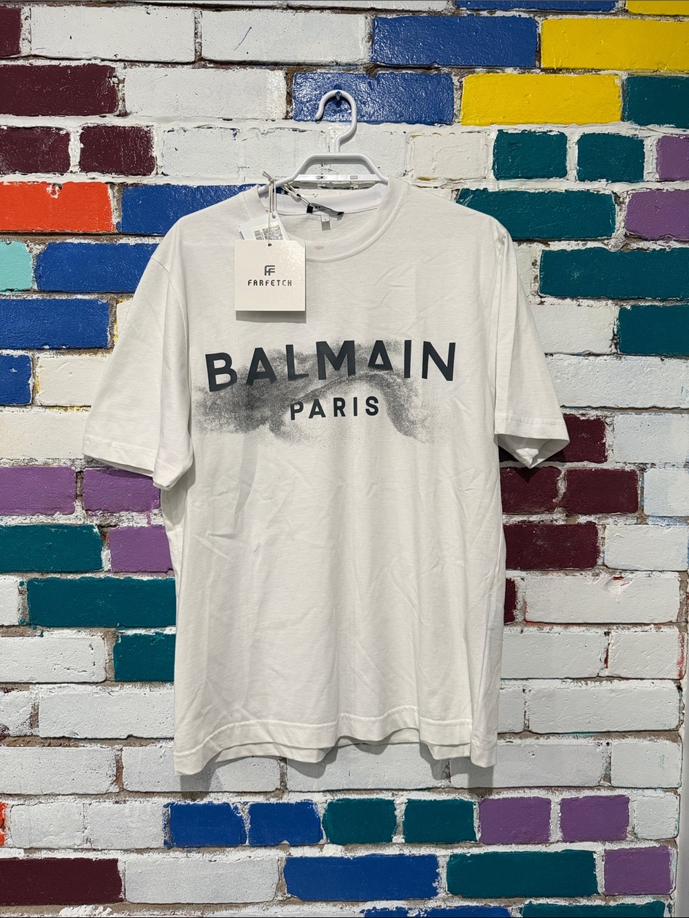 Balmain White Short Sleeve Logo Tee with Faded Black Print